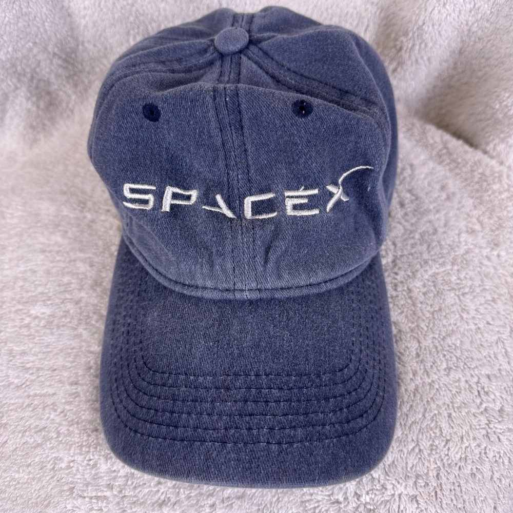 SpaceX Mens Hat Cap Washed Cotton Strap Back Blue Embroidered Logo Space